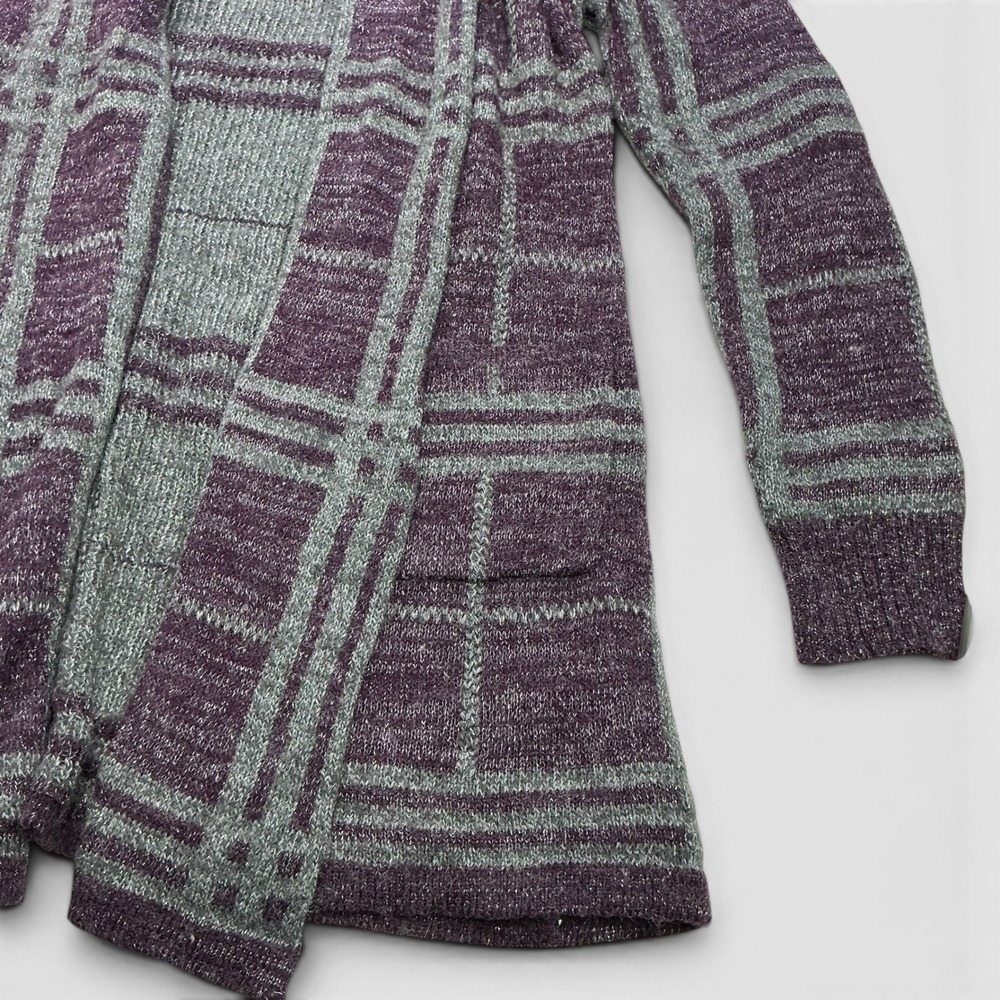 Simply Styled Purple Plaid Cardigan Women Small Metallic Open Front Knit Sweater - Picture 13 of 16